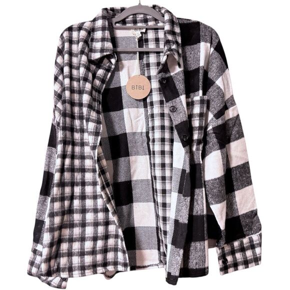 BiBi Black & White Plaid Fleece Button Down Long Sleeve Shirt Size XL NWT - Picture 4 of 13